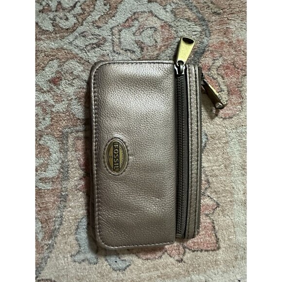 Vintage FOSSIL Dual Zip Cowhide Leather Credit Card Wallet Coin Purse Gun Metal - Picture 1 of 3